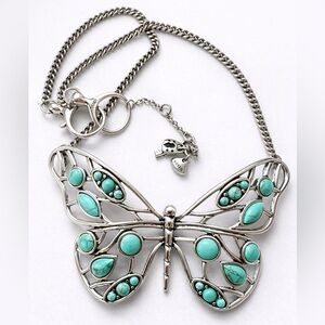 🦋 Fossil - Turquoise Butterfly Statement Necklace Silver Tone Boho Western